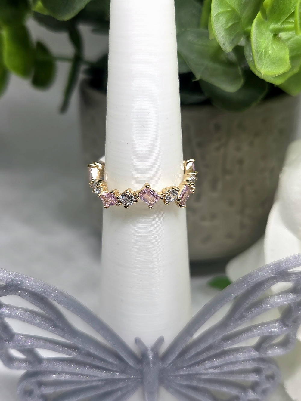 BP Rose Quartz and Diamond CZ Band On Gold Plating